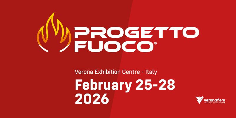 Progetto Fuoco Banner in red with white text stating the show name and the date 25-28 February, and the location Veronafiere