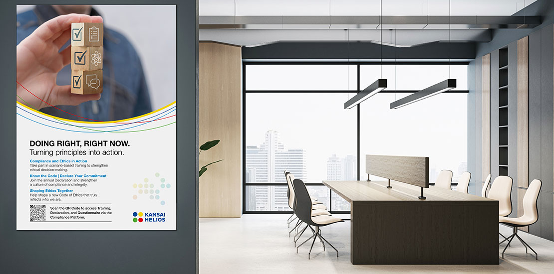 Modern, bright meeting room with a large table and white chairs. On the wall hangs a KANSAI HELIOS poster featuring the slogan ‘DOING RIGHT, RIGHT NOW. Turning insights into action.’ and a hand holding wooden blocks with checkmarks and icons.