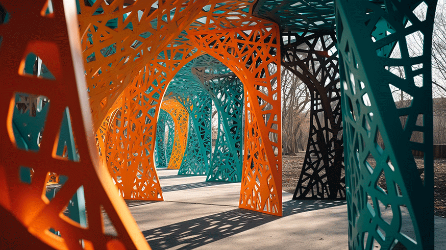 7 colourful steel construction forming doors and pathways