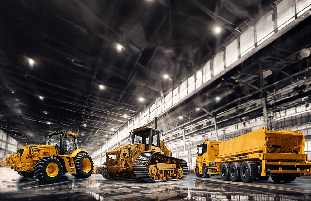 AI-generated image of two yellow construction vehicles and a yellow truck parked side by side in a brightly lit industrial hall