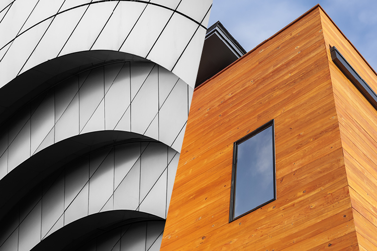 BW_MIX_WOODMETAL_750x500px Modern architectural facade combining curved metal cladding and natural wood panels.