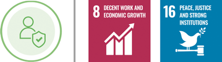 Icons symbolizing professional integrity: a person with a check-mark shield, alongside UN Sustainable Development Goals 8 (Decent Work and Economic Growth) and 16 (Peace, Justice and Strong Institutions)