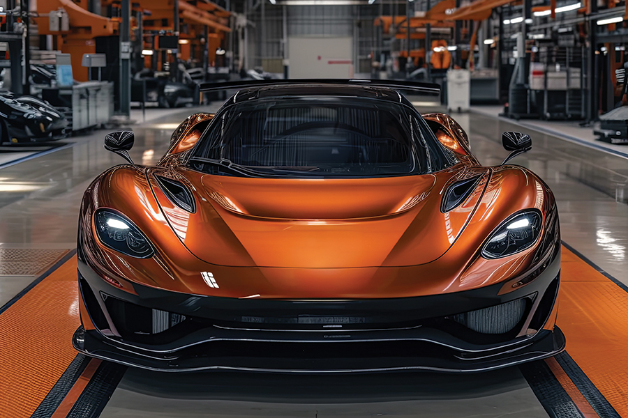 CarElecron futuristic modern sports car, orange glossy colour inside a spacious industrial warehouse.