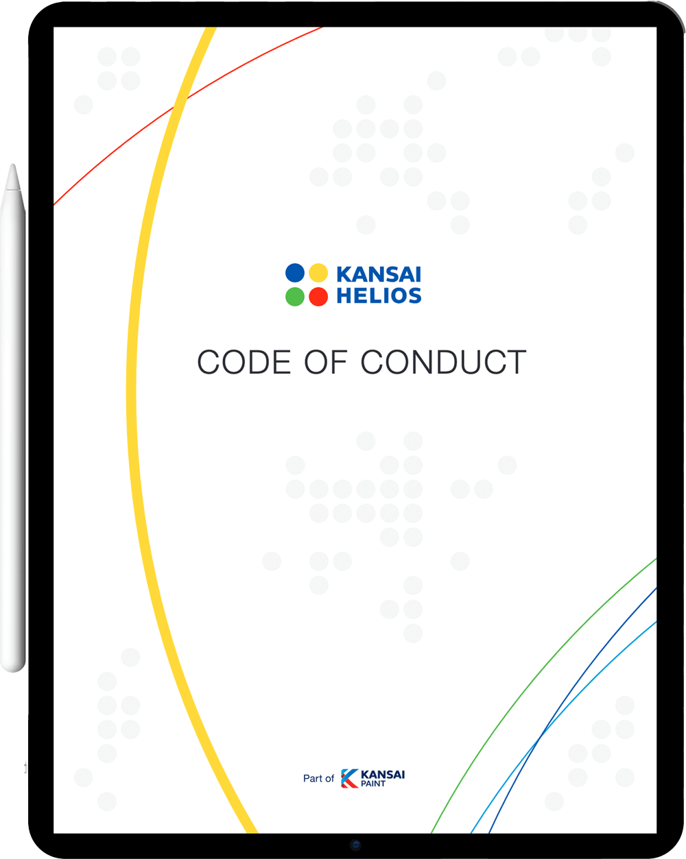 Tablet screen showing the Kansai Helios Code of Conduct cover with the company logo, minimal dotted design, and colorful curved lines.