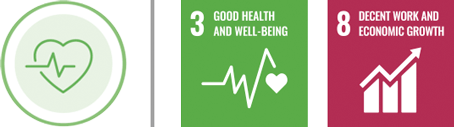 Icons representing sustainability goals: good health and well-being (Goal 3) and decent work and economic growth (Goal 8), symbolized by a heart monitor and a rising graph.