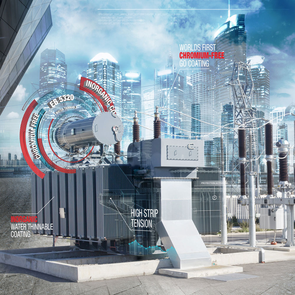 Go_coatings_transformator High-voltage transformer station in a futuristic city environment, showcasing a chromium-free coating system with labels highlighting inorganic coating, water-thinnable coating, and high strip tension