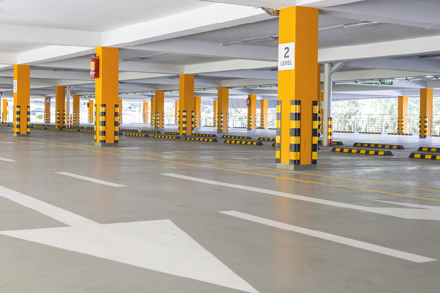 indoor garage with martked floor