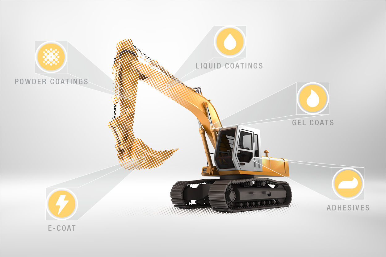 Illustration of a yellow excavator. Around this excavator there are different coating system icons (gelcoat, adhesives, liquid, powder, e-coat) pointing on different parts of the vehicle demonstrating that different coating systems are used and ensure a common appearance, protection and durabiltiy
