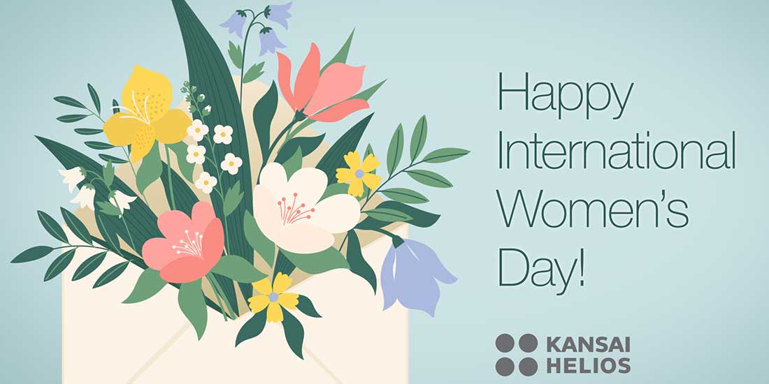 International-Womans-Day A colourful bouquet of flowers coming out of an envelope with the message "Happy International Women's Day!" and KANSAI HELIOS logo beside it.