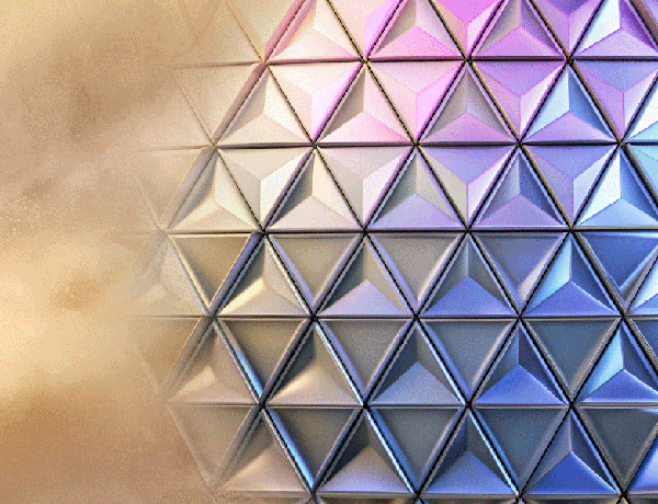 Metallic powder coating surface with geometric 3D triangular pattern in gradient shades of silver, gold, and blue, showcasing premium finish and colour stability for architectural and furniture applications.