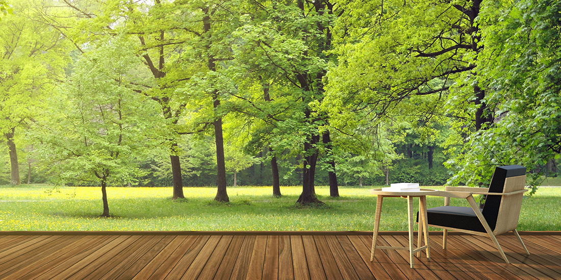 A peaceful outdoor setting with a wooden deck, chair, and table surrounded by lush green forest.