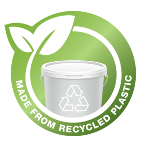 Recycled-Packaging-Button-1-300×300 (1) Green circular logo with a white plastic bucket in the centre, displaying a recycling symbol. Two white leaves appear at the top left, and the text "MADE FROM RECYCLED PLASTIC" curves along the bottom in white capital letters.
