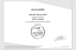 Resins-Ecovadis-certifikat-825×550-1-300×200 Certificate awarded to HELIOS TBLUS DOO by EcoVadis, recognising a Silver medal for their sustainability rating in April 2022. Includes the EcoVadis logo, silver medal graphic, and official signature.