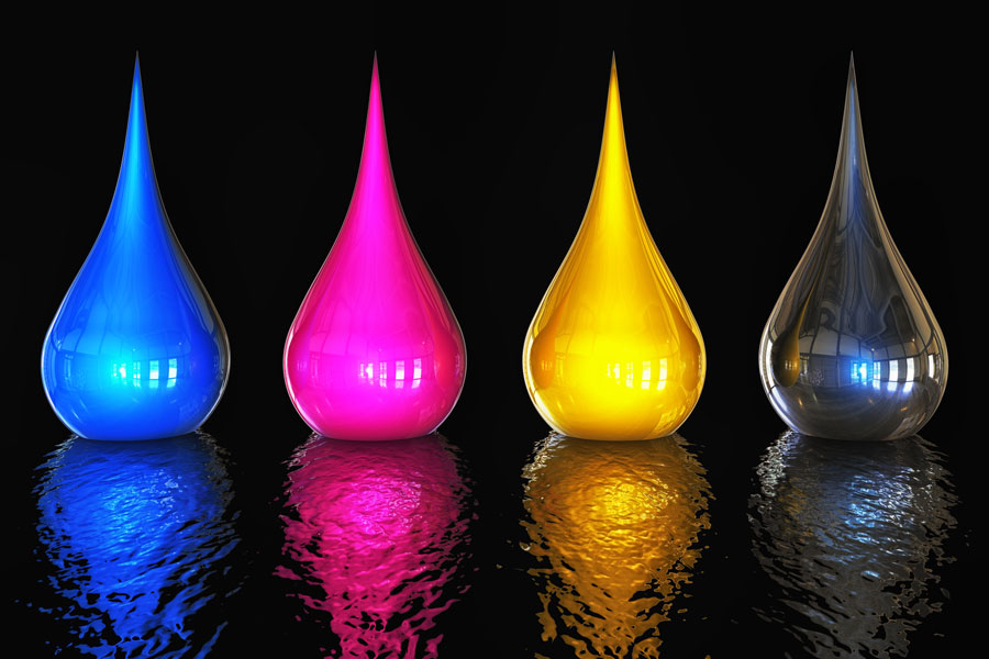 Sol-Gel-Inks_Drops A creative illustration featuring four distinct ink drops side by side. Each drop is a different colour—cyan blue, magenta pink, yellow, and black—representing the CMYK color model. The design symbolizes sol-gel ink technology used in digital printing on metal coil surfaces.