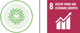 Icons representing social responsibility: a heart surrounded by people and the United Nations Sustainable Development Goal 8 – Decent work and economic growth – symbolized by an upward-trending graph