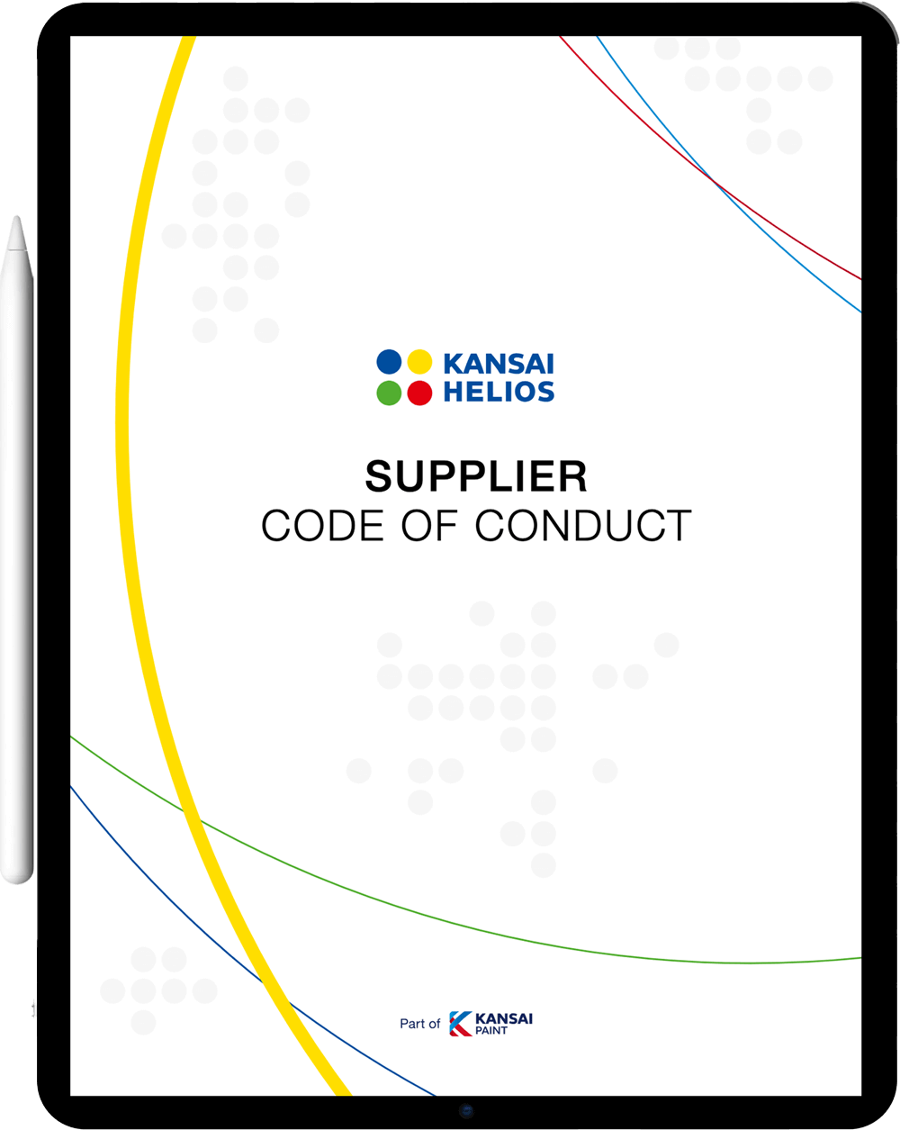 Digital tablet displaying the cover page of the Kansai Helios Supplier Code of Conduct, featuring the company logo and colorful curved lines on a white background.