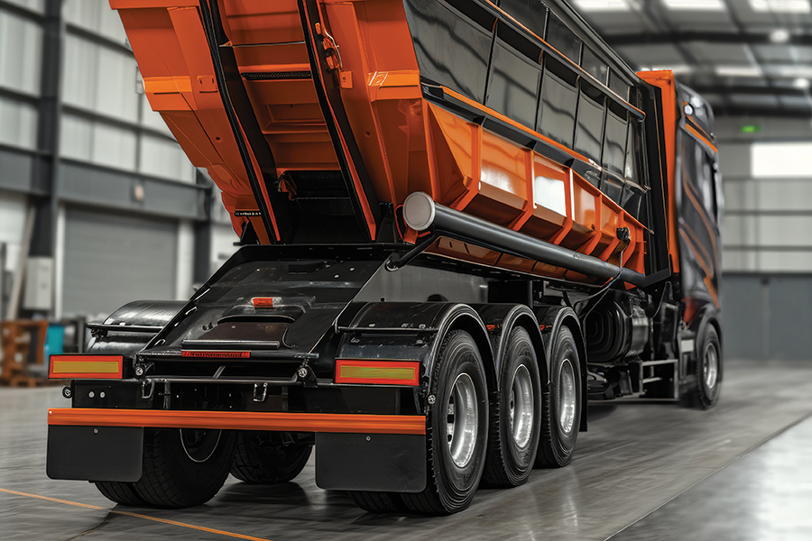 Truck_Elecron An orange and black dump truck with its bed raised inside a spacious industrial warehouse.