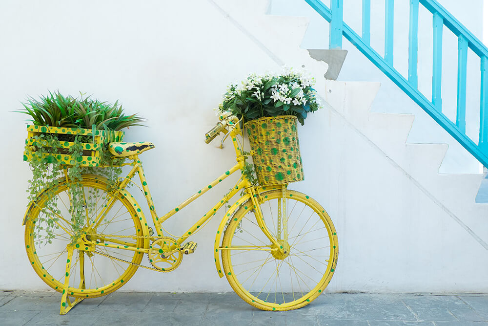 bike-color-decorative Decorative yellow bicycle with flower baskets placed against a white wall and turquoise stairs, representing creative paint use.
