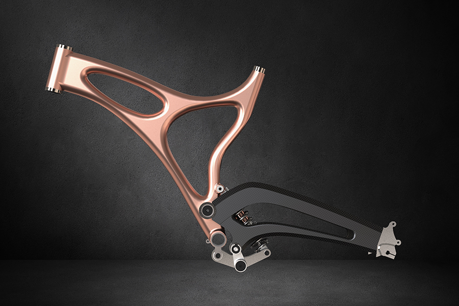 bike_frame illustration of a pink-metallic modern bike frame against a dark background