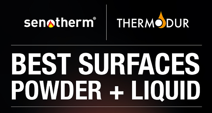 csm_Messe_News_01_EN_dffe42a445 (1) senotherm(r) and Thermodur logo next to each other on black background with text "BEST SURFACES POWDER + LIQUID"