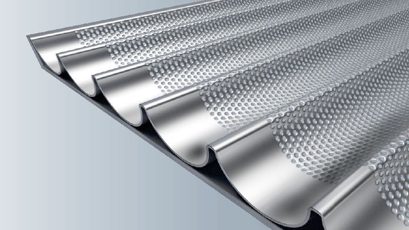 greblon-ins-si-c A sheet of corrugated metal with a perforated texture, featuring alternating smooth and dimpled sections.