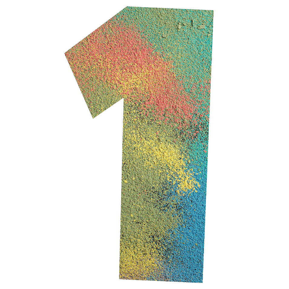 number-one-powder Colorful number one made of textured powder in red, yellow, green, and blue tones on a black background.