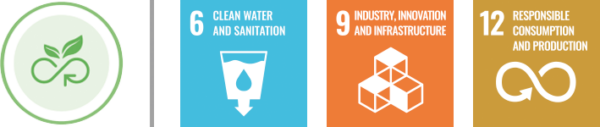 Icons representing sustainability goals: circular economy, clean water and sanitation (Goal 6), industry, innovation and infrastructure (Goal 9), and responsible consumption and production (Goal 12)
