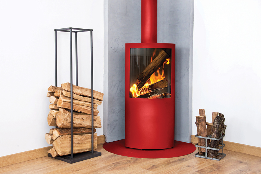 shutterstock_230847016_red3 Red fireplace, surrounded by neatly stacked firewood in minimalist metal holders.