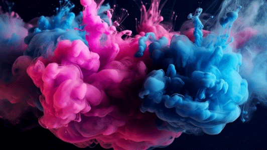 shutterstock_2313909587 (1) Creative, abstract colour splash in pink and blue, symbolizing the mixing of paints.