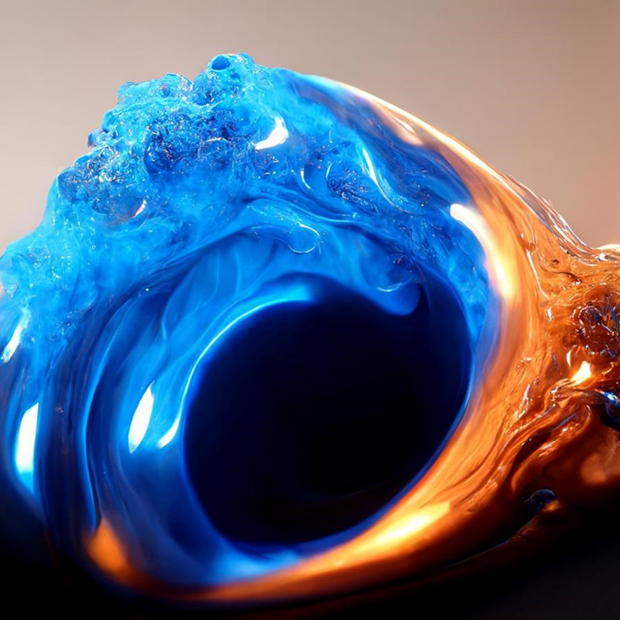 wet-on-wet Two fluid streams of liquid coating—one in vibrant blue, the other in golden-orange. Their movement intertwines artistically, symbolizing the wet-on-wet application technique.
